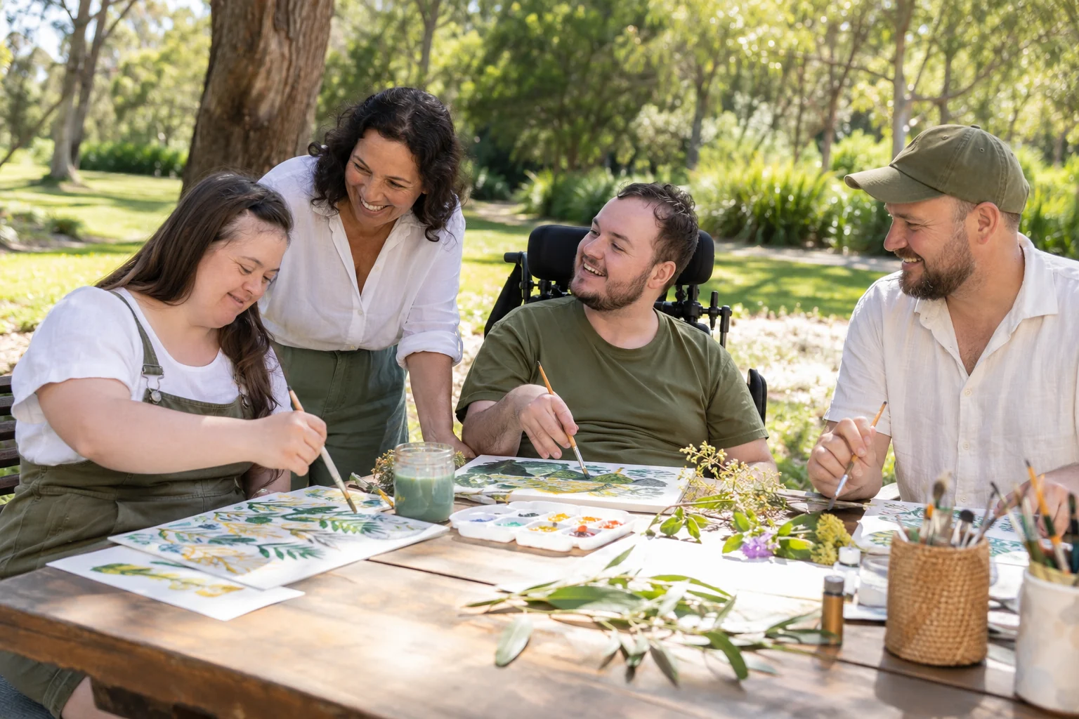 Four adults enjoying an accessible outdoor art activity