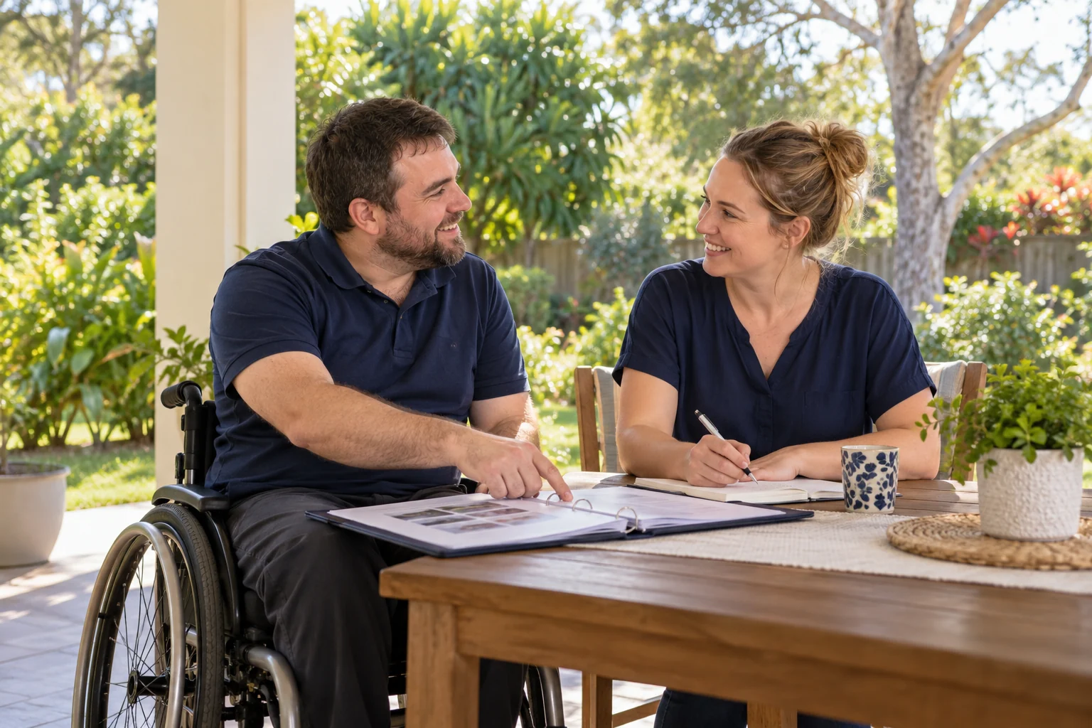 A man using a wheelchair discusses a plan with a companion at home