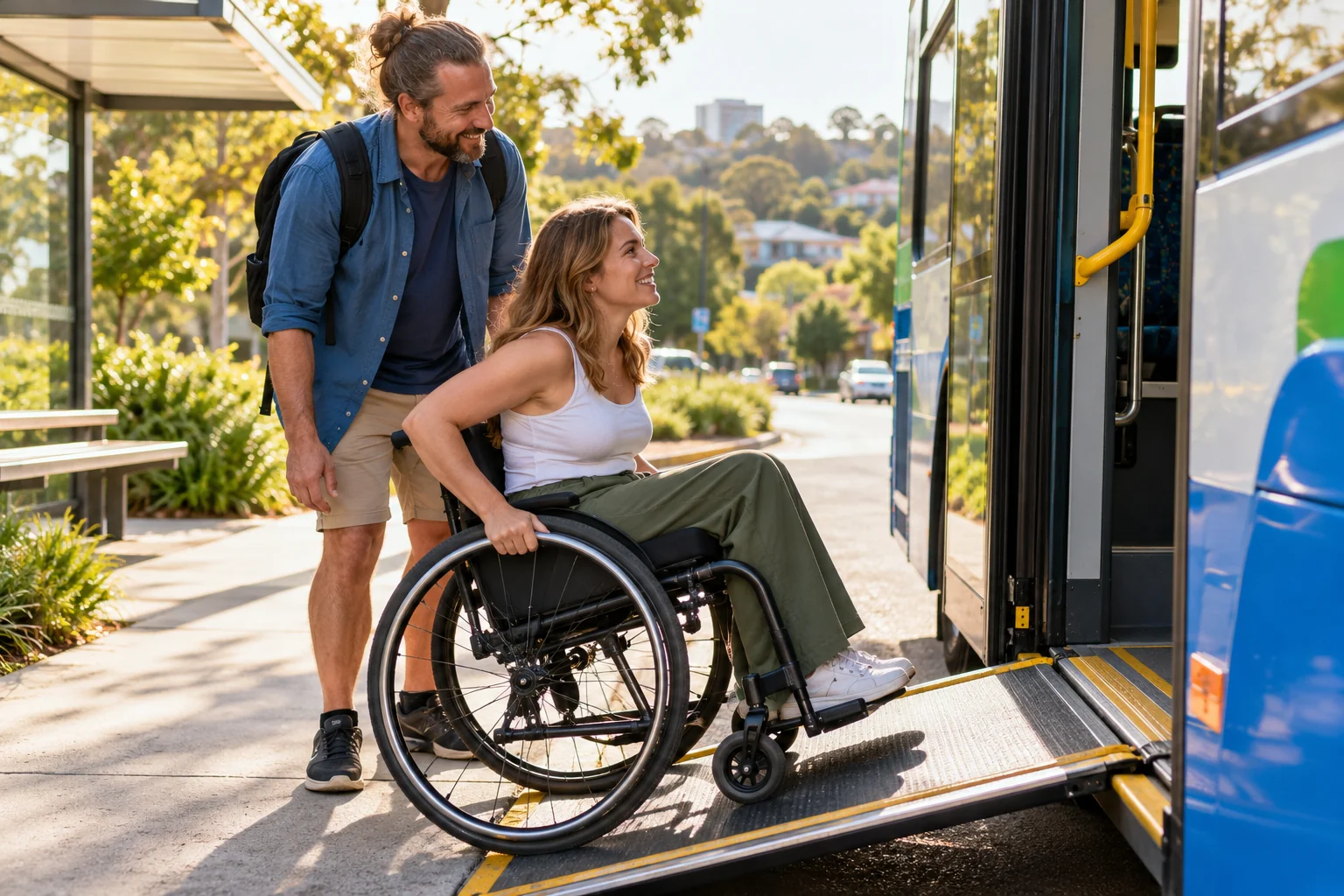 A woman using a wheelchair and a companion near an accessible bus