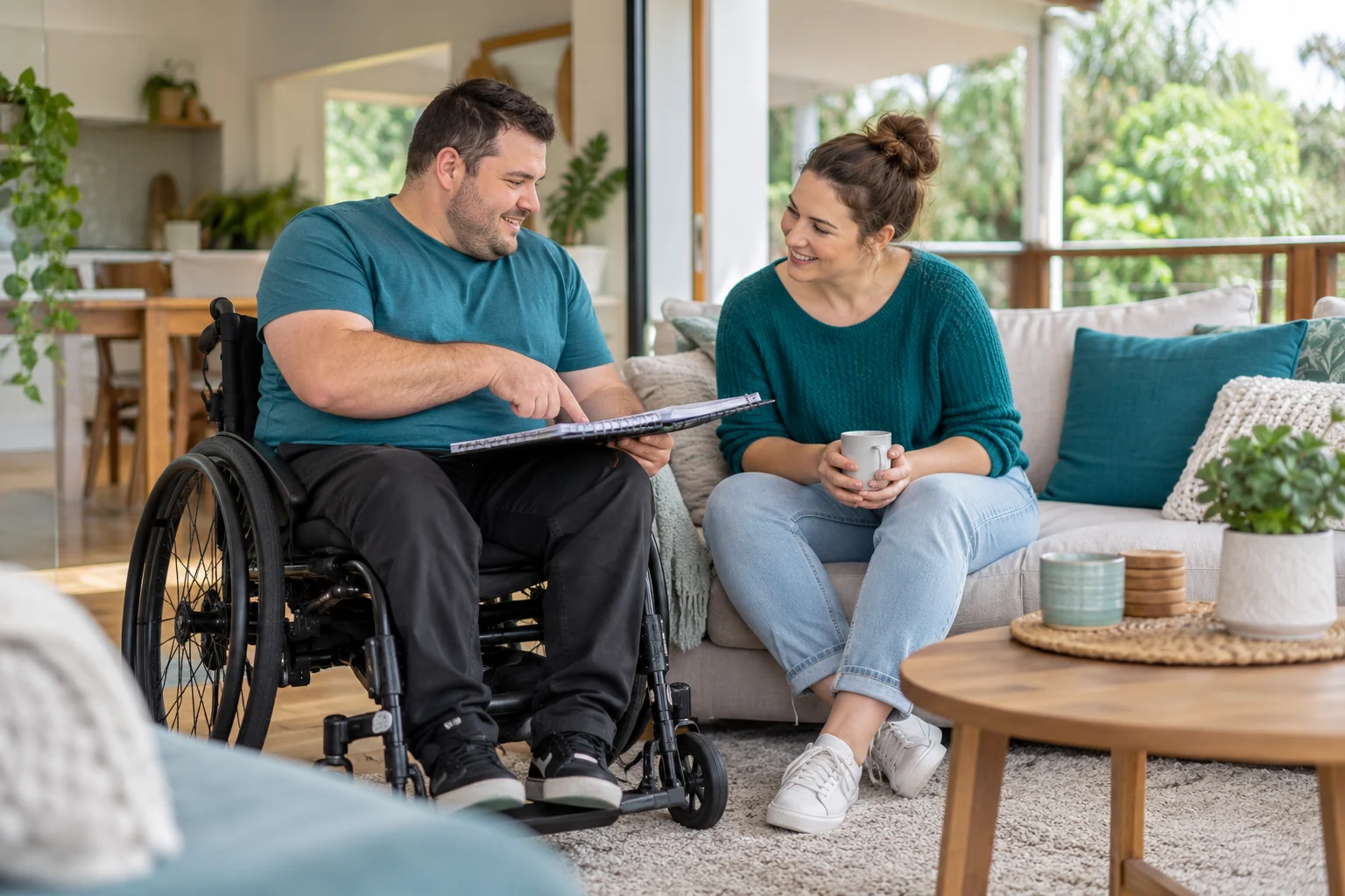 A man using a wheelchair discusses a plan with a companion at home