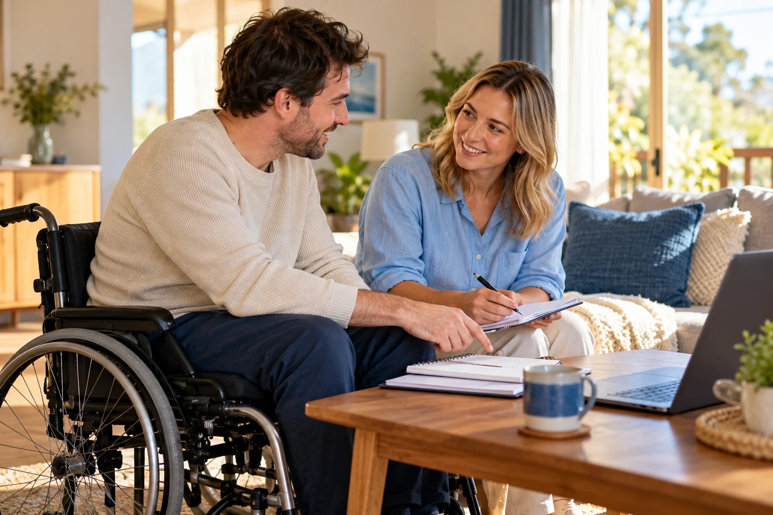 A man using a wheelchair discusses a plan with a companion at home
