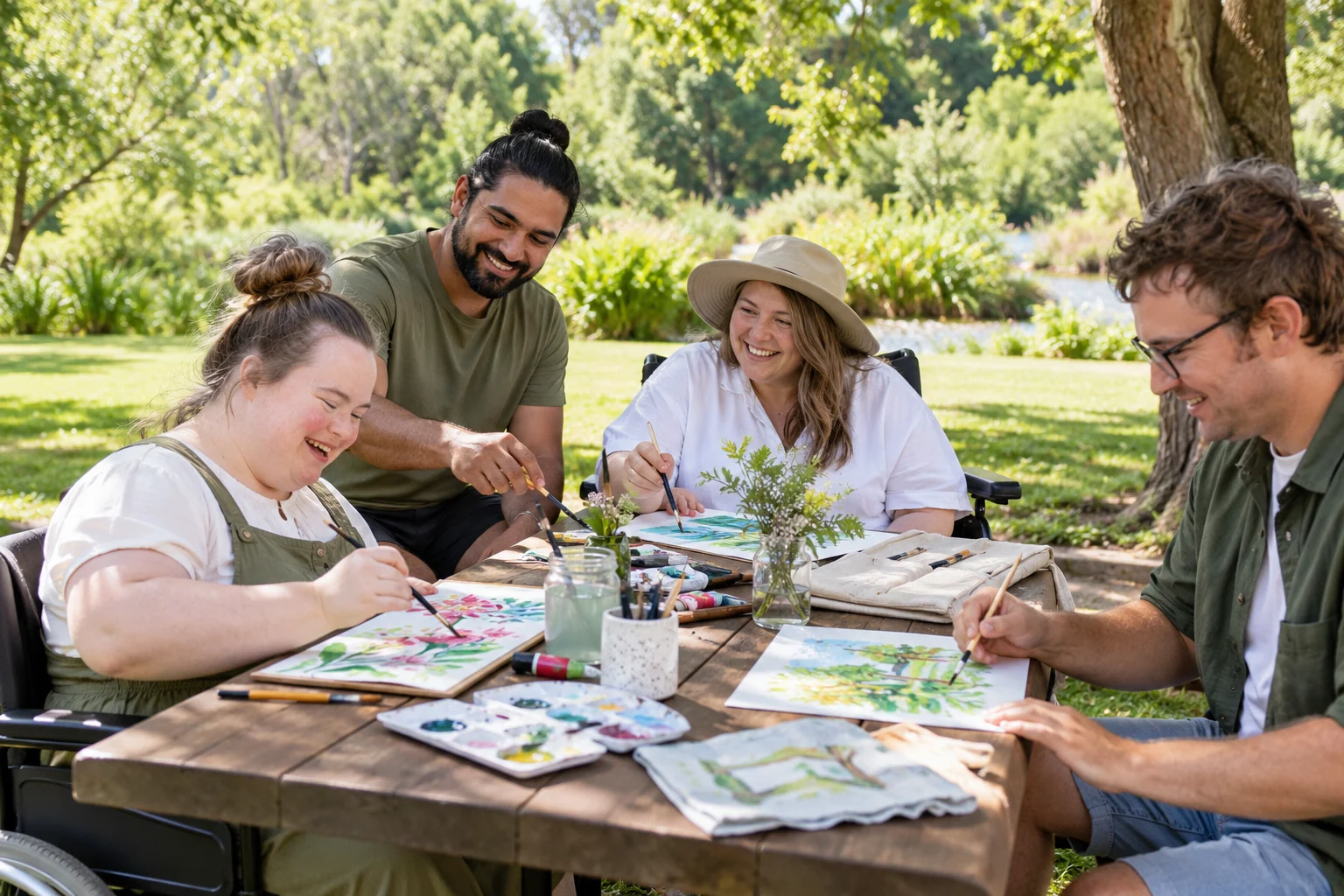 Four adults enjoying an accessible outdoor art activity