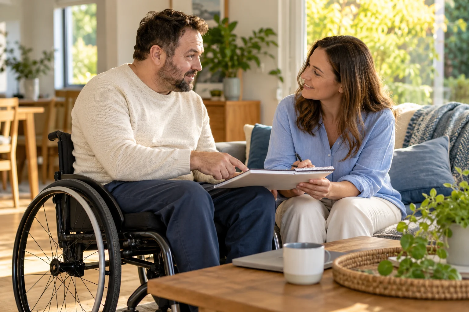 A man using a wheelchair discusses a plan with a companion at home