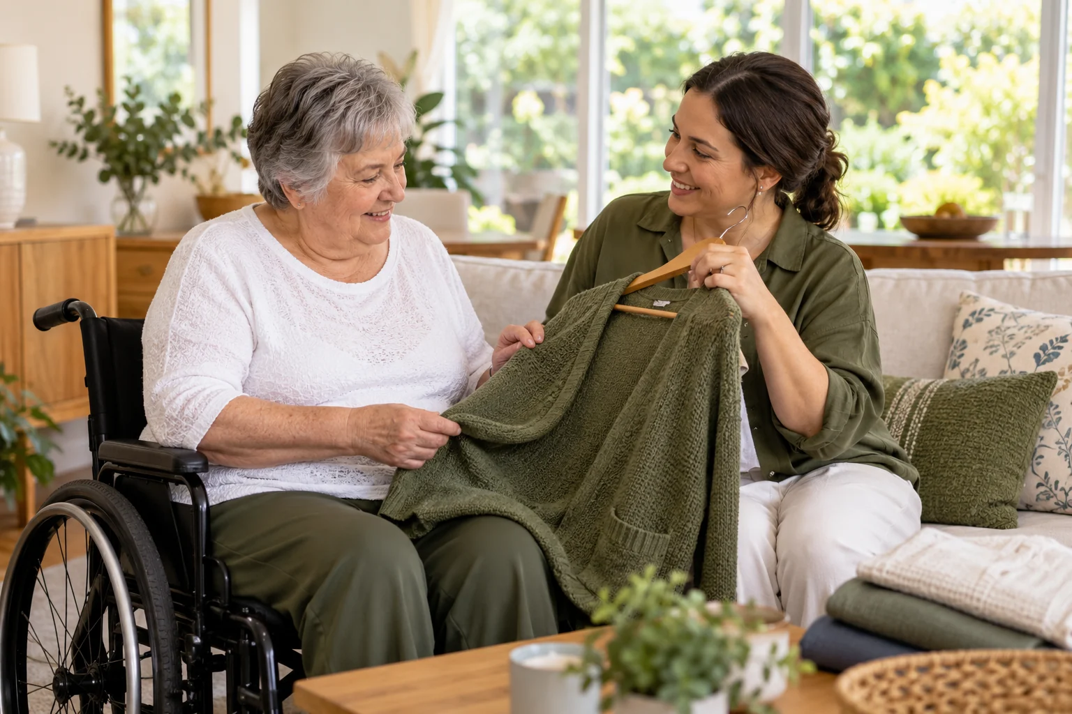 An older woman choosing a cardigan with a companion