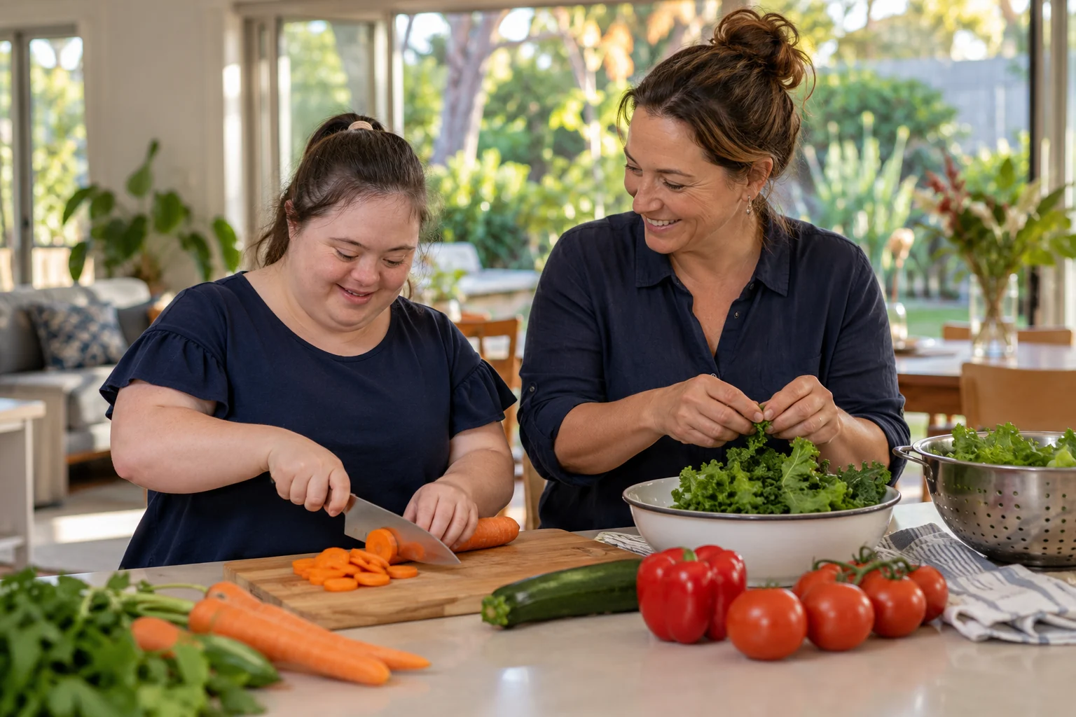 Two women preparing vegetables together at home