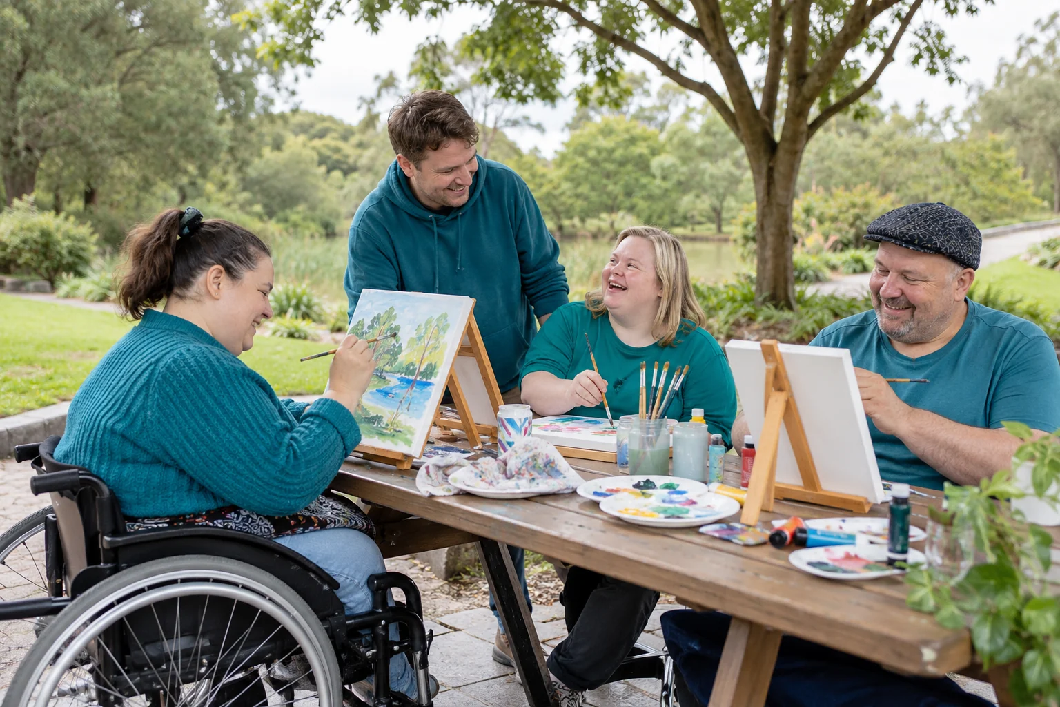 Four adults enjoying an accessible outdoor art activity