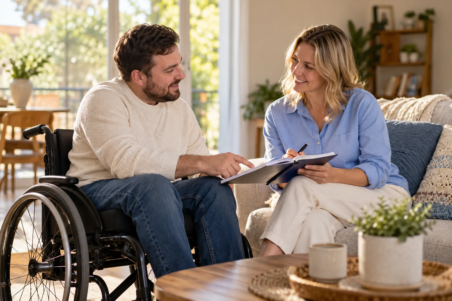 A man using a wheelchair discusses a plan with a companion at home