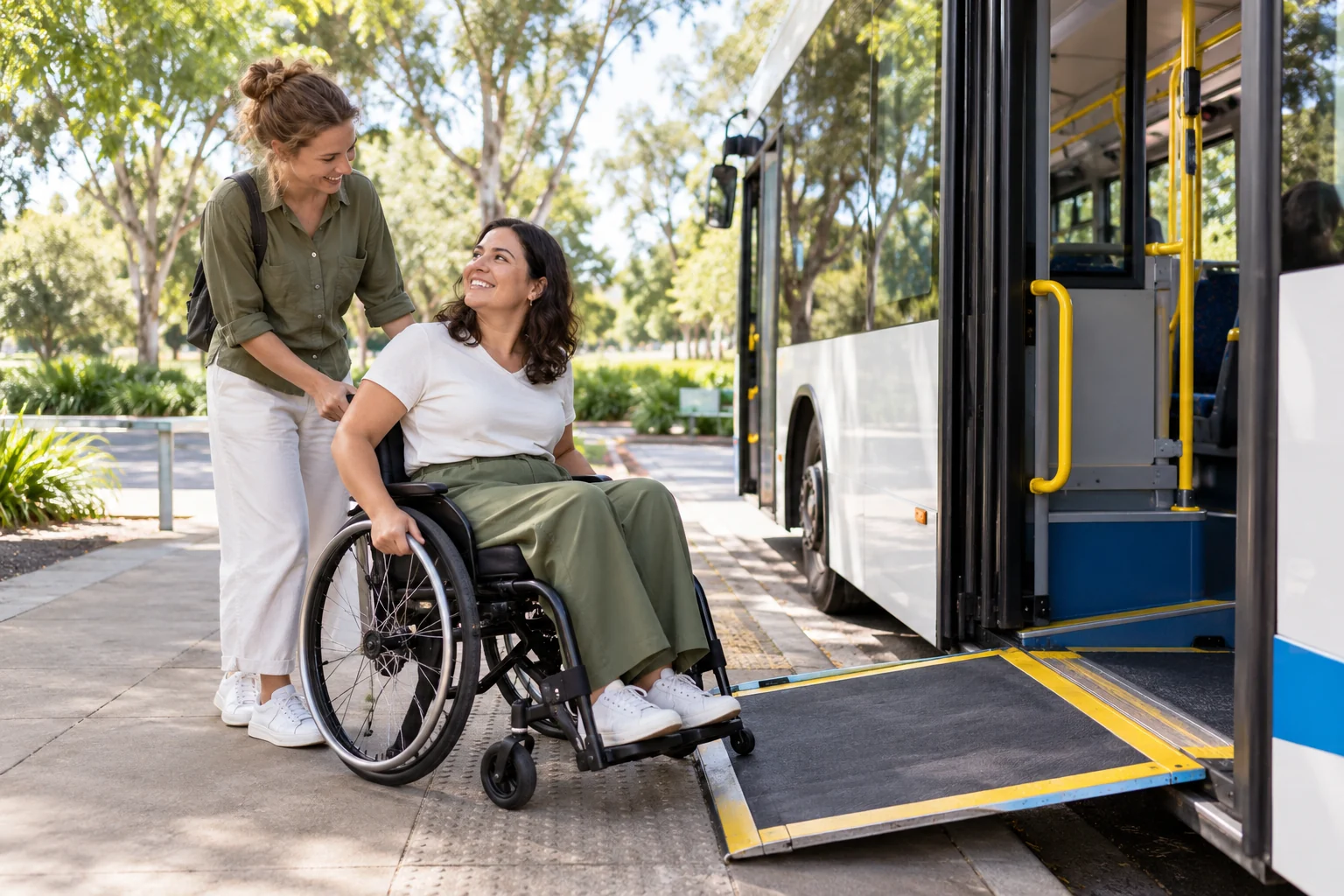A woman using a wheelchair and a companion near an accessible bus